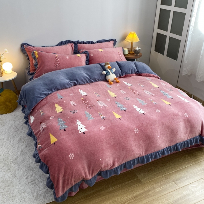 91家纺网 家纺一手货源 找家纺 妖妖家纺 2020新款花边牛奶绒四件套 北岛-红