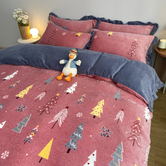 91家纺网 家纺一手货源 找家纺 妖妖家纺 2020新款花边牛奶绒四件套 北岛-红