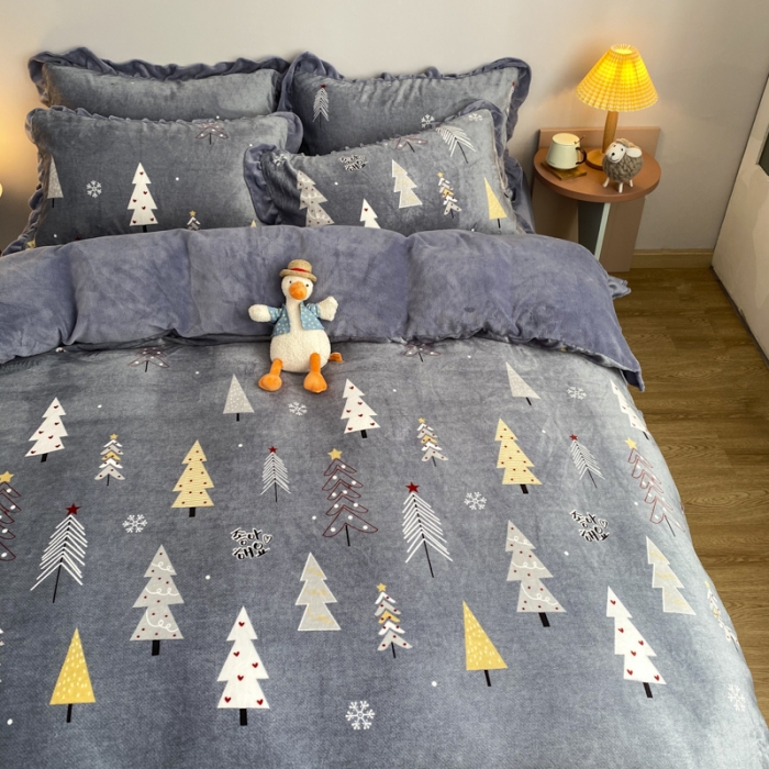 91家纺网 家纺一手货源 找家纺 妖妖家纺 2020新款花边牛奶绒四件套 北岛-灰