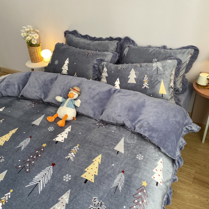 91家纺网 家纺一手货源 找家纺 妖妖家纺 2020新款花边牛奶绒四件套 北岛-灰