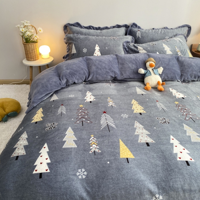 91家纺网 家纺一手货源 找家纺 妖妖家纺 2020新款花边牛奶绒四件套 北岛-灰