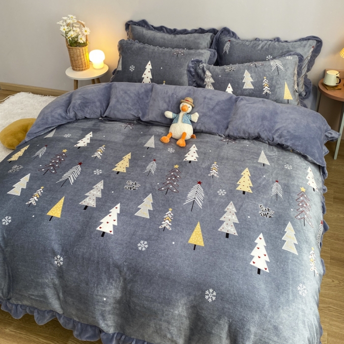 91家纺网 家纺一手货源 找家纺 妖妖家纺 2020新款花边牛奶绒四件套 北岛-灰