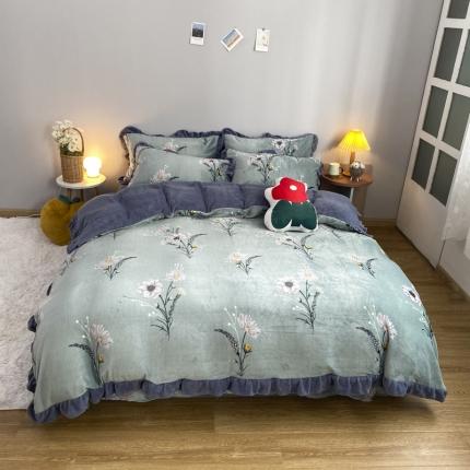 妖妖家纺 2020新款花边牛奶绒四件套 晴空