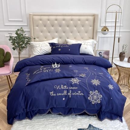 91家纺网 家纺一手货源 找家纺 博纳60s水洗真丝13372全棉刺绣四件套雪花实拍图 宝蓝