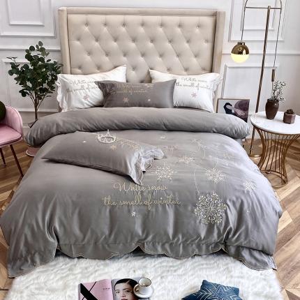 91家纺网 家纺一手货源 找家纺 博纳60s水洗真丝13372全棉刺绣四件套雪花实拍图高级灰