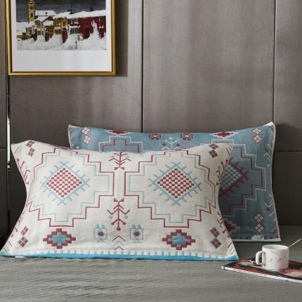 91家纺网 家纺一手货源 找家纺 朴尔 2020年波西米亚风全棉四层纱布枕巾 迷宫蓝