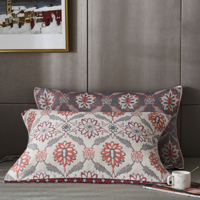 91家纺网 家纺一手货源 找家纺 朴尔 2020年波西米亚风全棉四层纱布枕巾 连理枝橘