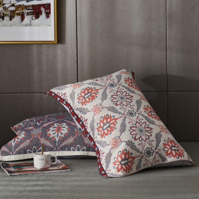 91家纺网 家纺一手货源 找家纺 朴尔 2020年波西米亚风全棉四层纱布枕巾 连理枝橘