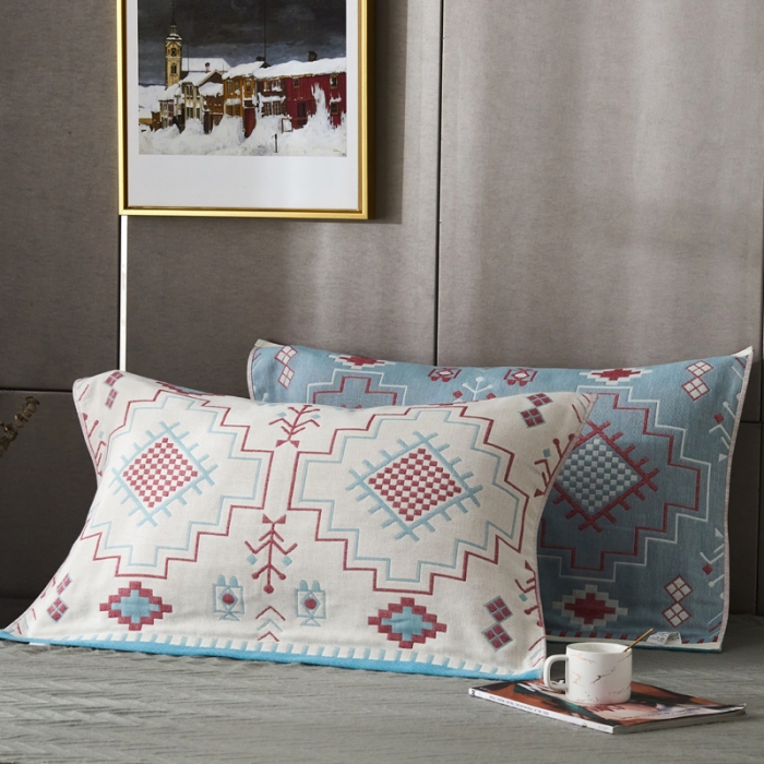 91家纺网 家纺一手货源 找家纺 朴尔 2020年波西米亚风全棉四层纱布枕巾 迷宫蓝