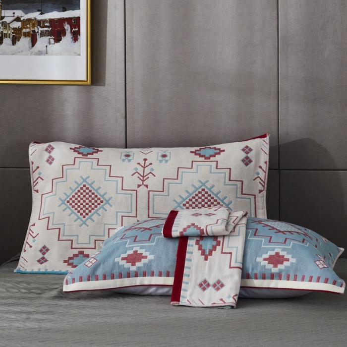 91家纺网 家纺一手货源 找家纺 朴尔 2020年波西米亚风全棉四层纱布枕巾 迷宫蓝