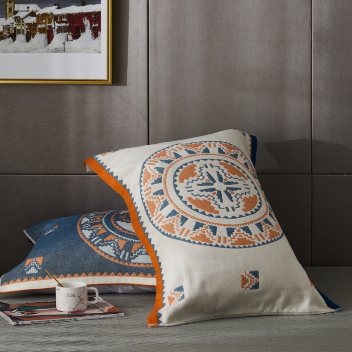 91家纺网 家纺一手货源 找家纺 朴尔 2020年波西米亚风全棉四层纱布枕巾 塞尔维亚藏青