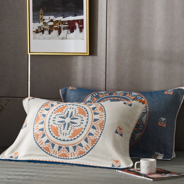 91家纺网 家纺一手货源 找家纺 朴尔 2020年波西米亚风全棉四层纱布枕巾 塞尔维亚藏青