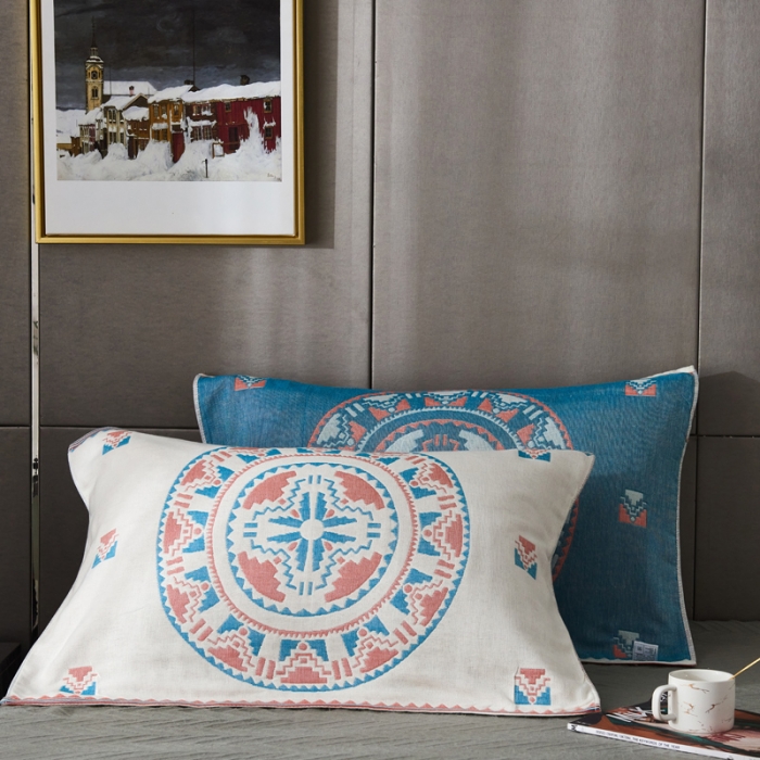 91家纺网 家纺一手货源 找家纺 朴尔 2020年波西米亚风全棉四层纱布枕巾 塞尔维亚蓝