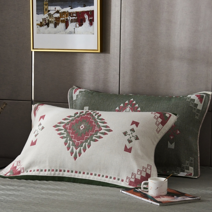 91家纺网 家纺一手货源 找家纺 朴尔 2020年波西米亚风全棉四层纱布枕巾 塔塔西蓝