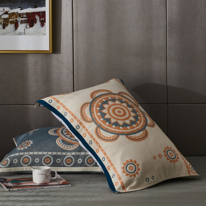 91家纺网 家纺一手货源 找家纺 朴尔 2020年波西米亚风全棉四层纱布枕巾 小太阳蓝