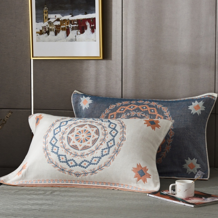 91家纺网 家纺一手货源 找家纺 朴尔 2020年波西米亚风全棉四层纱布枕巾 圆盘花