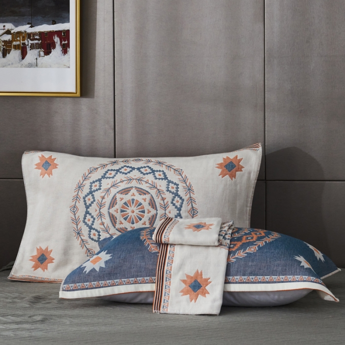 91家纺网 家纺一手货源 找家纺 朴尔 2020年波西米亚风全棉四层纱布枕巾 圆盘花