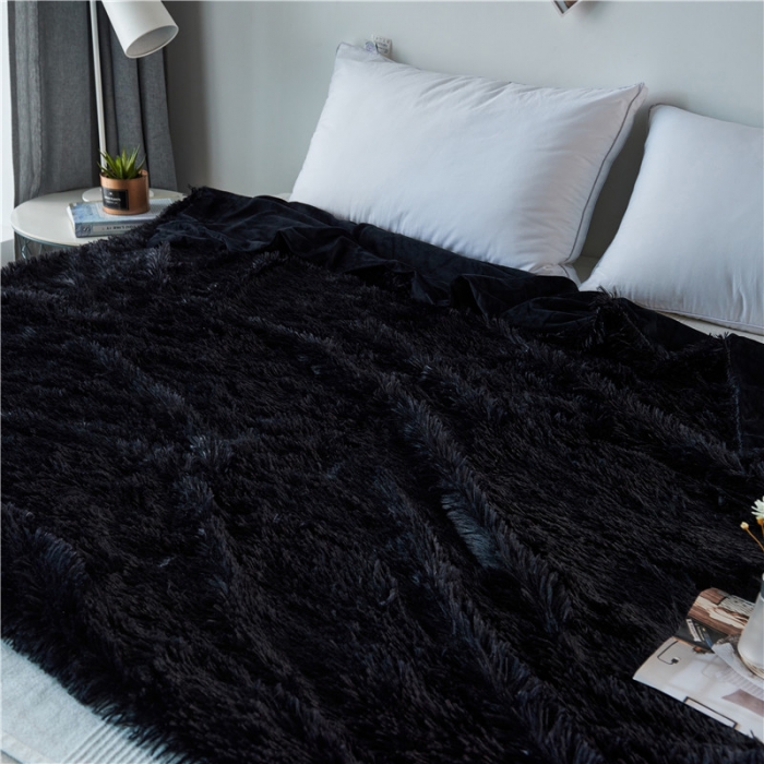 91家纺网 家纺一手货源 找家纺 品尚嘉 2025水貂绒毛毯长毛绒法莱绒双层跨境外贸毯子 黑色