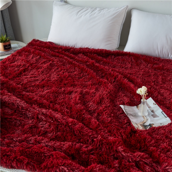91家纺网 家纺一手货源 找家纺 品尚嘉 2025水貂绒毛毯长毛绒法莱绒双层跨境外贸毯子 酒红