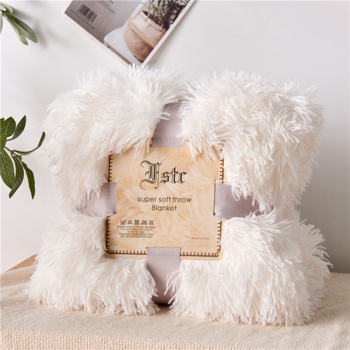 91家纺网 家纺一手货源 找家纺 品尚嘉 2025水貂绒毛毯长毛绒法莱绒双层跨境外贸毯子 米白