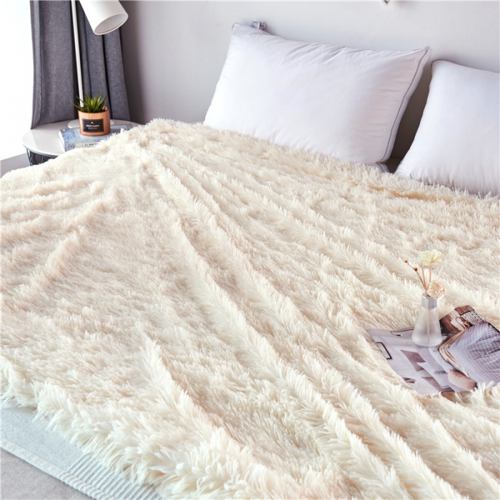 91家纺网 家纺一手货源 找家纺 品尚嘉 2025水貂绒毛毯长毛绒法莱绒双层跨境外贸毯子 奶白