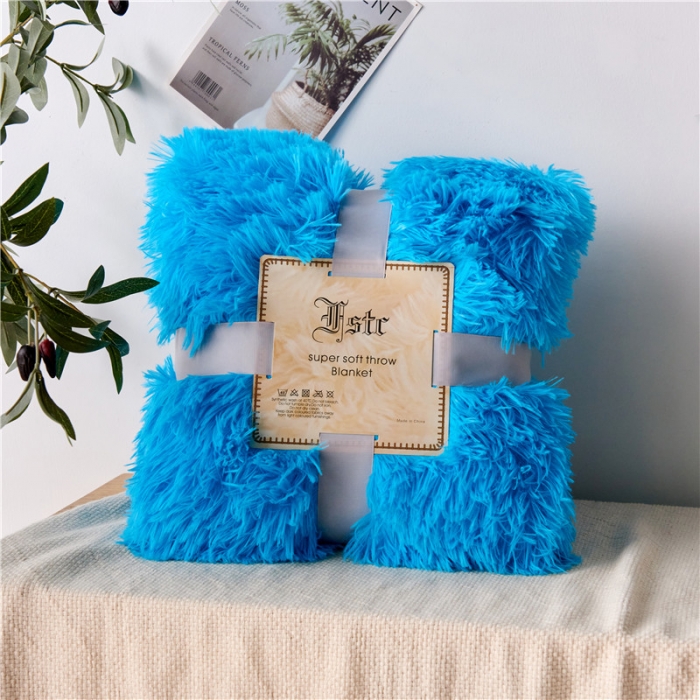 91家纺网 家纺一手货源 找家纺 品尚嘉 2025水貂绒毛毯长毛绒法莱绒双层跨境外贸毯子 蓝色