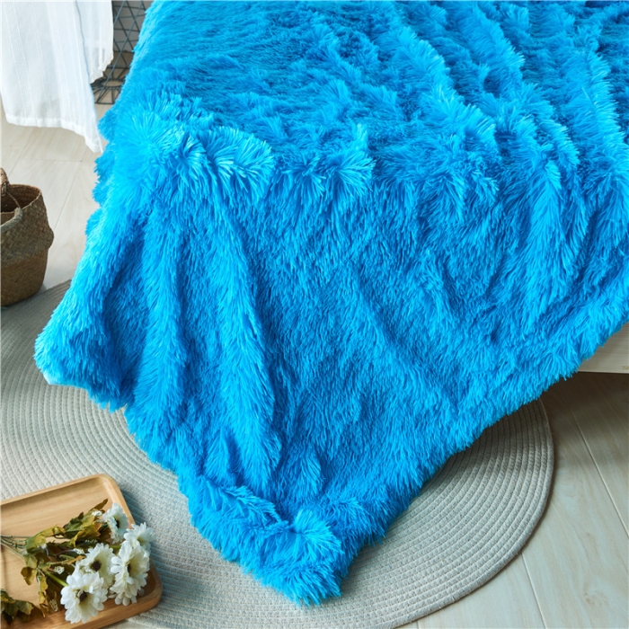 91家纺网 家纺一手货源 找家纺 品尚嘉 2025水貂绒毛毯长毛绒法莱绒双层跨境外贸毯子 蓝色