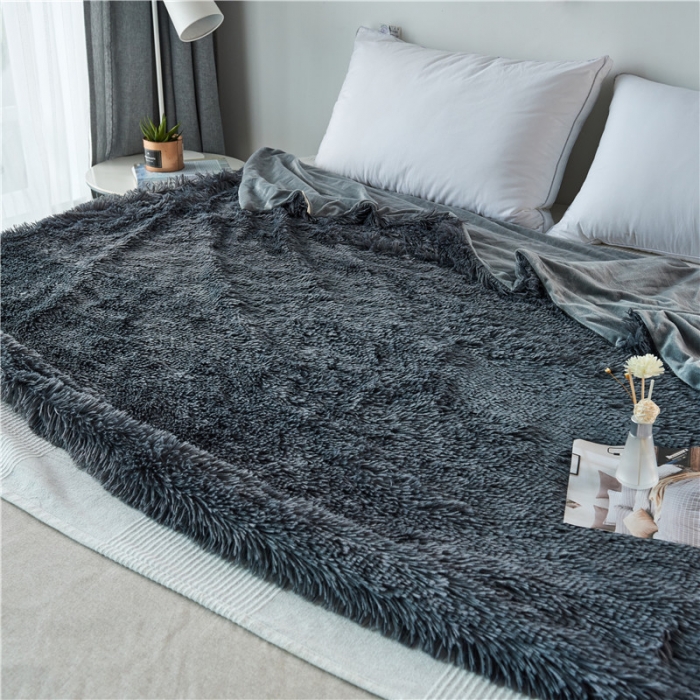 91家纺网 家纺一手货源 找家纺 品尚嘉 2025水貂绒毛毯长毛绒法莱绒双层跨境外贸毯子 深灰