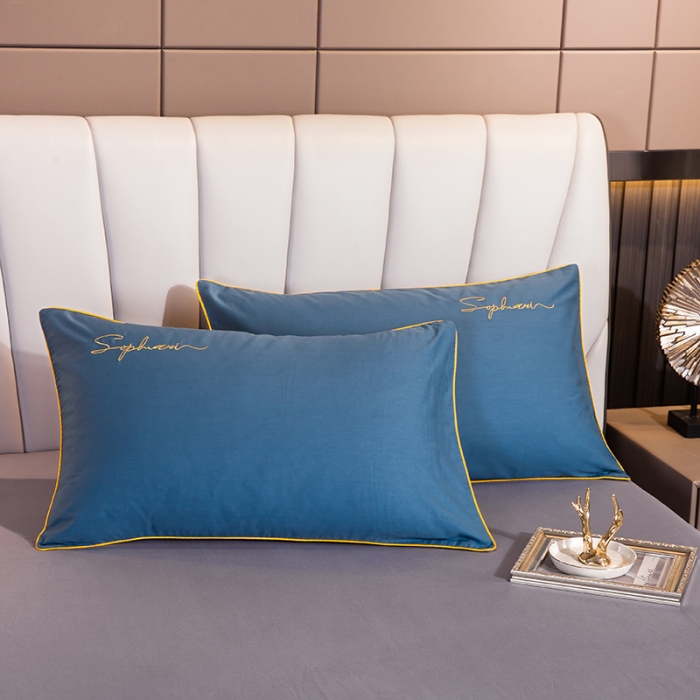 91家纺网 家纺一手货源 找家纺 拼社 40s贡缎长绒棉字母款单枕套一对宝兰配浅灰