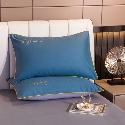 拼社 40s贡缎长绒棉字母款单枕套一对宝兰配浅灰