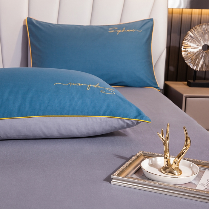 91家纺网 家纺一手货源 找家纺 拼社 40s贡缎长绒棉字母款单枕套一对宝兰配浅灰