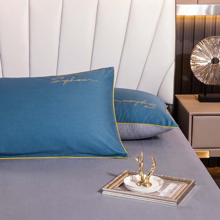 91家纺网 家纺一手货源 找家纺 拼社 40s贡缎长绒棉字母款单枕套一对宝兰配浅灰