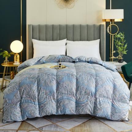 91家纺网 家纺一手货源 找家纺 绒研羽绒 2025新款60支柔赛丝印花羽绒被冬被 黛妮雅宝蓝