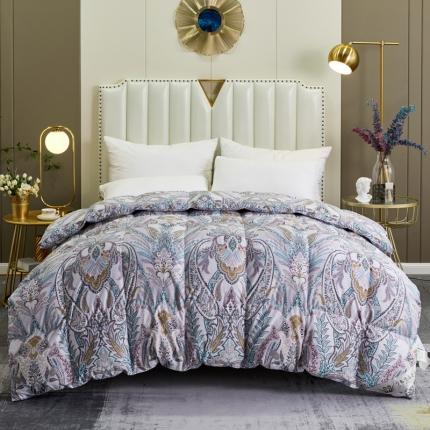 91家纺网 家纺一手货源 找家纺 绒研羽绒 2025新款60支柔赛丝印花羽绒被冬被 黛妮雅宝蓝