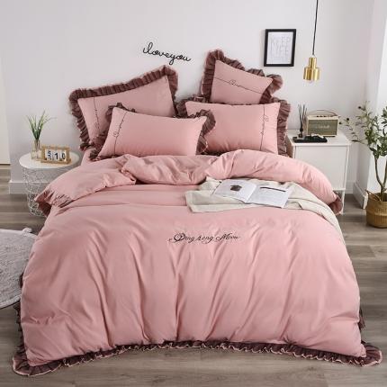 91家纺网 家纺一手货源 找家纺 情恒 2020新款蕾丝磨毛刺绣四件套 宠爱-豆沙