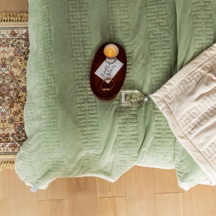 91家纺网 家纺一手货源 找家纺 法芙娜  秋冬加厚吸湿绗绣毯 牛奶绒夹棉毛毯 薄荷绿