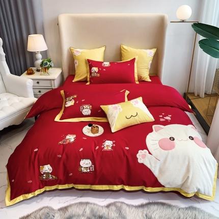 馨蕊家居 2021秋冬新品60s长绒棉招财猫四件套 招财猫