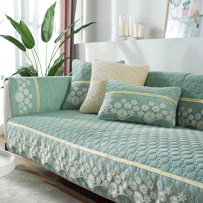 91家纺网 家纺一手货源 找家纺 共鸣沙发垫 2020新款水晶绒沙发垫 小雏菊-浅绿