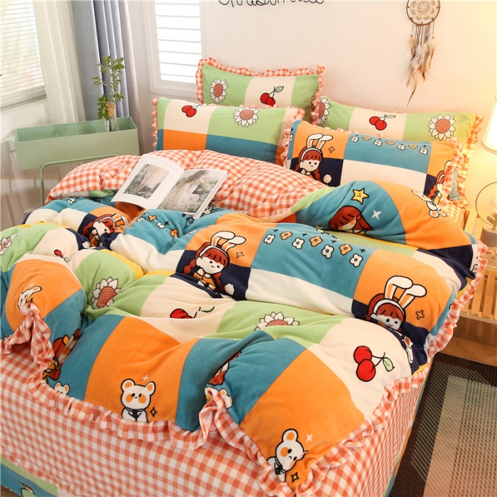 91家纺网 家纺一手货源 找家纺 青竹苑韩版牛奶绒四件套法莱绒水晶雕花绒加厚保暖 格子美少女