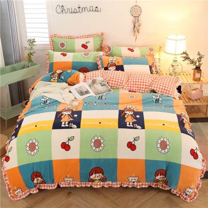 91家纺网 家纺一手货源 找家纺 青竹苑韩版牛奶绒四件套法莱绒水晶雕花绒加厚保暖 格子美少女