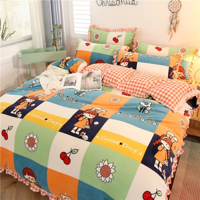 91家纺网 家纺一手货源 找家纺 青竹苑韩版牛奶绒四件套法莱绒水晶雕花绒加厚保暖 格子美少女