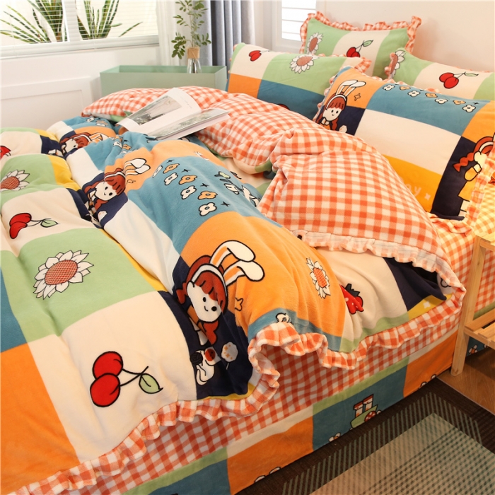 91家纺网 家纺一手货源 找家纺 青竹苑韩版牛奶绒四件套法莱绒水晶雕花绒加厚保暖 格子美少女