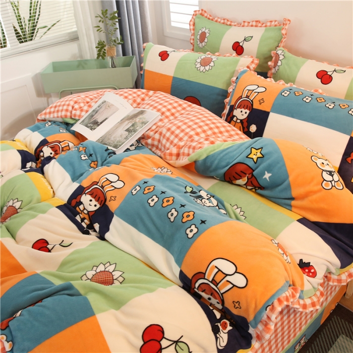 91家纺网 家纺一手货源 找家纺 青竹苑韩版牛奶绒四件套法莱绒水晶雕花绒加厚保暖 格子美少女