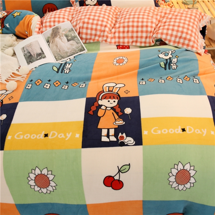 91家纺网 家纺一手货源 找家纺 青竹苑韩版牛奶绒四件套法莱绒水晶雕花绒加厚保暖 格子美少女