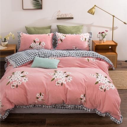 91家纺网 家纺一手货源 找家纺 青竹苑韩版牛奶绒四件套法莱绒水晶雕花绒加厚保暖 幽兰-粉