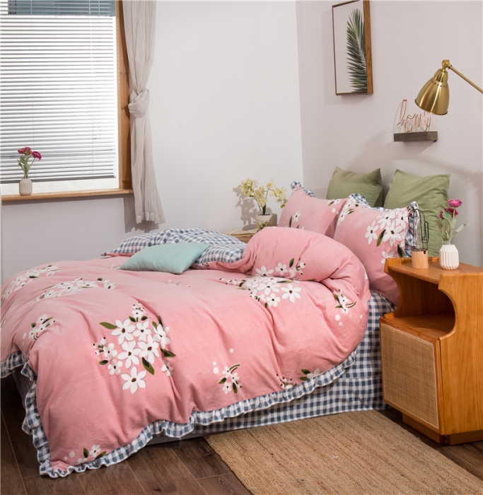 91家纺网 家纺一手货源 找家纺 青竹苑韩版牛奶绒四件套法莱绒水晶雕花绒加厚保暖 幽兰-粉