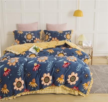 91家纺网 家纺一手货源 找家纺 青竹苑韩版牛奶绒四件套法莱绒水晶雕花绒加厚保暖艳丽夺目-深兰