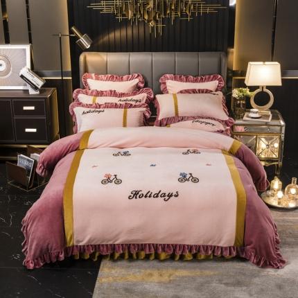 91家纺网 家纺一手货源 找家纺 兴美佳 新款牛奶绒带蕾丝边床裙四件套 自由风 自由风-豆沙色