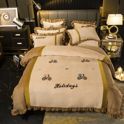 91家纺网 家纺一手货源 找家纺 兴美佳 新款牛奶绒带蕾丝边床裙四件套 自由风 自由风-咖色