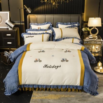 91家纺网 家纺一手货源 找家纺 兴美佳 新款牛奶绒带蕾丝边床裙四件套 自由风 自由风-钻石蓝